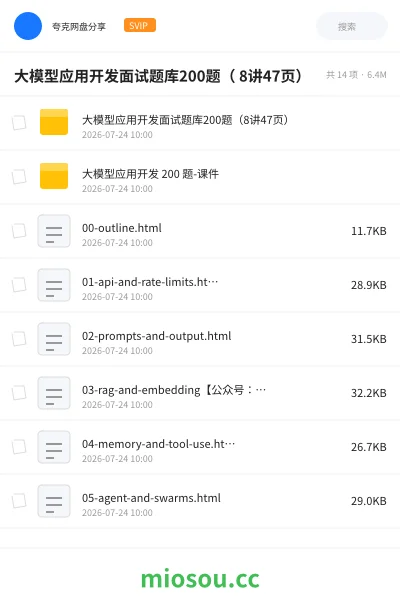 《大模型应用开发面试题库200题( 8讲47页 )》AIGC网盘|学习资源网盘