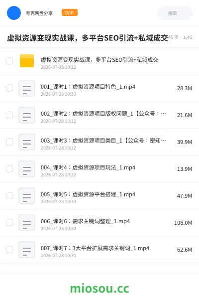 《虚拟资源变现实战课,多平台SEO引流+私域成交》人工智能网盘|学习资源网盘
