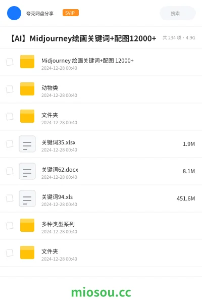 《Midjourney 绘画关键词+配图 12000+》人工智能网盘|学习资源网盘