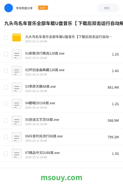 《九头鸟名车音乐全部车载U盘音乐【 下载后双击运行自动解压】》音乐网盘｜学习资源网盘