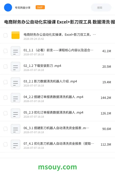 《电商财务办公自动化实操课 Excel+影刀双工具 数据清洗 报表建模 自动对账 全流程实战》教程网盘｜学习资源网盘