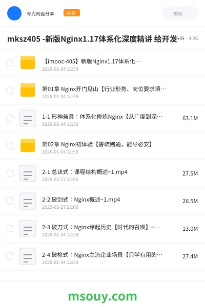 《mksz405 -新版Nginx1.17体系化深度精讲 给开发和运维的刚需课程》教程网盘|学习资源网盘