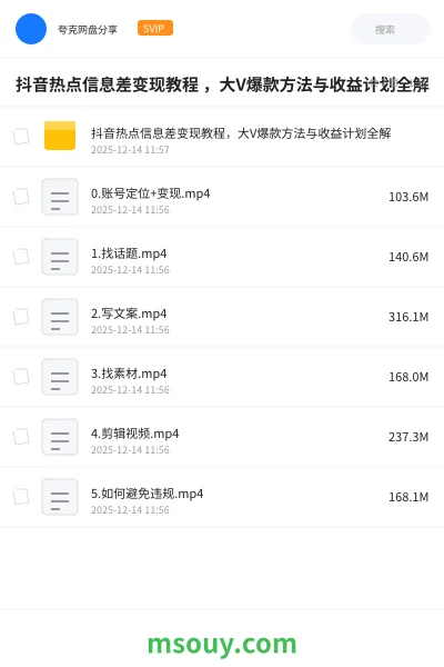 《抖音热点信息差变现教程 ,大V爆款方法与收益计划全解》网赚网盘|学习资源网盘