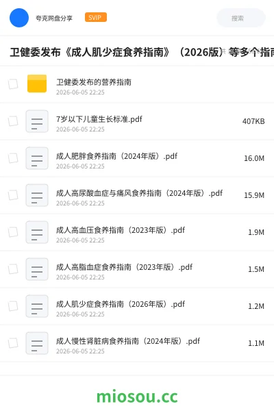 《卫健委发布《成人肌少症食养指南》(2026版)等多个指南》医学网盘|学习资源网盘