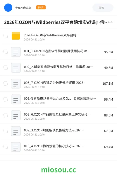 《2026年OZON与Wildberries双平台跨境实战课，俄系跨境开店入驻、选品运营、广告投产、物流售后、数据优化全落地课程》人工智能网盘｜学习资源网盘