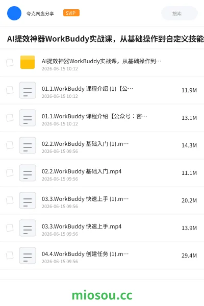 《AI提效神器WorkBuddy实战课，从基础操作到自定义技能课》人工智能网盘｜学习资源网盘