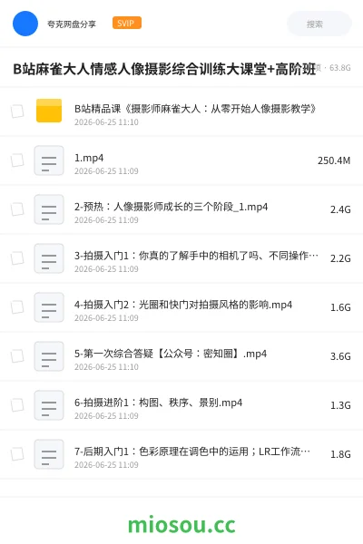 《B站麻雀大人情感人像摄影综合训练大课堂+高阶班》教程网盘｜学习资源网盘